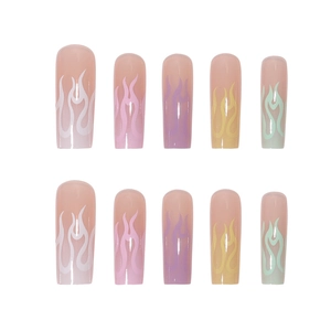 Long coffin fake nails featuring colorful rainbow flame patterns on a nude pink base