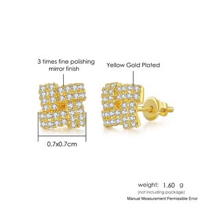 Square gold-plated stud earrings with clear pavé zircons and threaded screw-back design