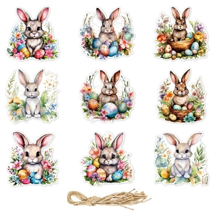 Easter bunny and egg paper hanging tags set for party decoration with jute rope accessories