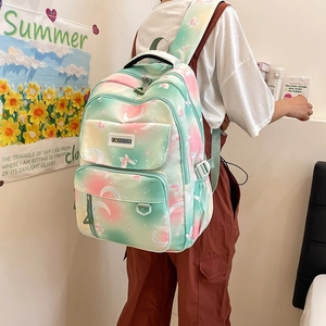 Sweet gradient green and pink backpack for school with moon and butterfly patterns