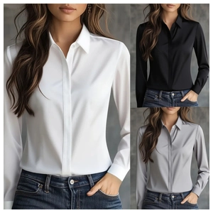 Elegant satin long sleeve button-down shirts for women in white, black, and grey colors