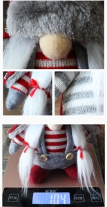 Detail shots of red and white plaid Christmas gnome showing fabric textures and product weight