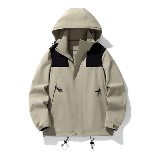 Outdoor-Kapuzenjacke in Khaki und Schwarz mit verstellbarem Saum und winddichtem Stoff
