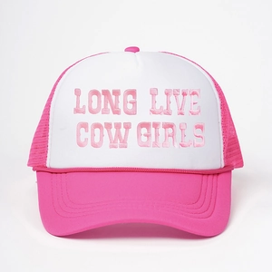 Pink and white mesh trucker hat featuring Long Live Cowgirls 3D embroidery and rope detail