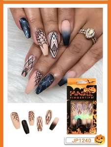 Detailed view of Halloween press on nails with spider web designs and 24pc packaging