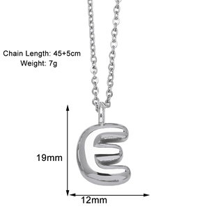 Detail view of silver letter E necklace dimensions with chain length and pendant size