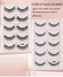 Detailed view of 5 pairs of 6D faux mink false eyelashes in BF008 and BF007 styles
