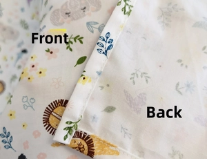 Detail showing the front and back side texture of the cartoon animal printed baby car curtain