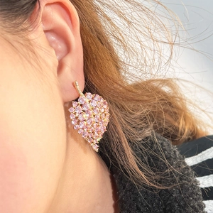 Pink leaf-shaped stud earrings with gold plating and sparkling zircon crystals for women
