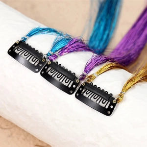 Colorful laser tinsel hair extensions with black metal non-slip clips in blue and gold