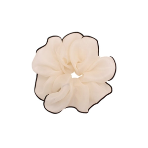French style contrast mesh scrunchie in beige with black piping for hair styling