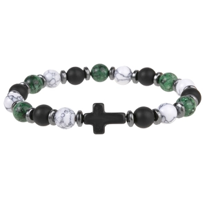 Cross pendant beaded bracelet with matte black snowflake stone and marble beads