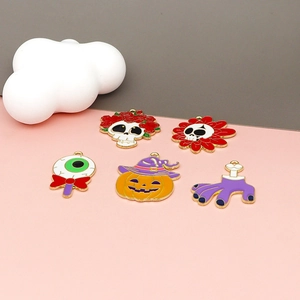 Halloween alloy enamel pendants featuring pumpkin skull and eyeball charms for DIY jewelry