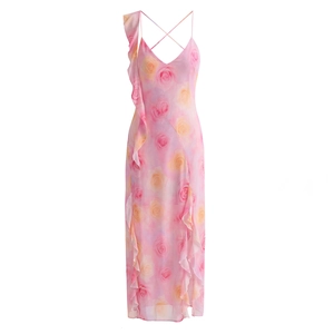 Women Pink Rose Floral Print Maxi Dress Polyester V-Neck Backless Ruffles Irregular Hem Holiday Vacation Style Romantic