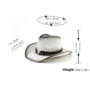 Detail view of woven western cowboy sun hat with size measurements and bull skull buckle