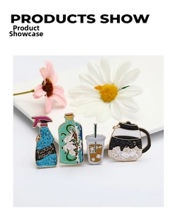 Macro view of funny enamel pins set featuring a glittery blue spray bottle and coffee pots