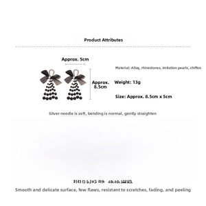 Detail specifications of black chiffon bow earrings with pearls and rhinestones