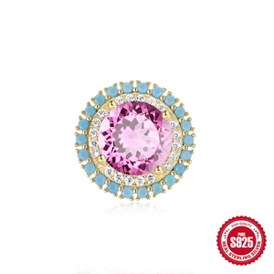 S925 sterling silver round stud earrings with pink gemstone and turquoise beads