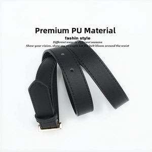 Detailed close-up of high-quality PU leather black belt with a gold square buckle