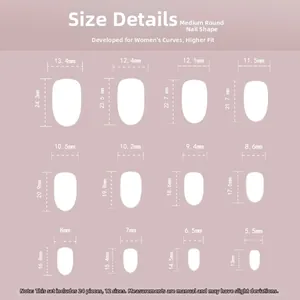 Size chart showing 24 pieces of pink and white press-on nails in 12 different dimensions