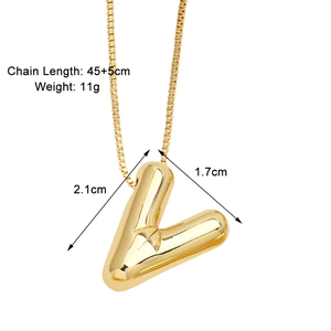 Detailed size specifications for gold letter V pendant necklace with measurements