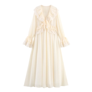 Women Elegant V-Neck Maxi Dress French Style Ruffles Flare Sleeve Lace Patchwork Chiffon Solid Color
