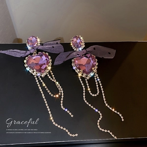 Purple Heart Crystal Butterfly Bow Long Tassel Drop Earrings Alloy With Silver Earring Post Elegant Statement Jewelry
