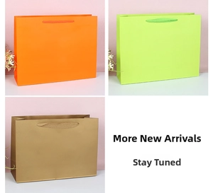 Detailed view of colorful paper gift bags with reinforced woven handles and folding sides