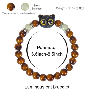Luminous cat bracelet with 8mm tiger eye stone beads and glowing elements for women