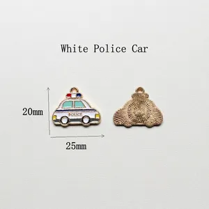 Detailed view of white enamel police car alloy charm with gold-tone back for DIY jewelry