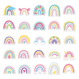 Detailed grid view of twenty-five bohemian pastel rainbow vinyl stickers for decoration