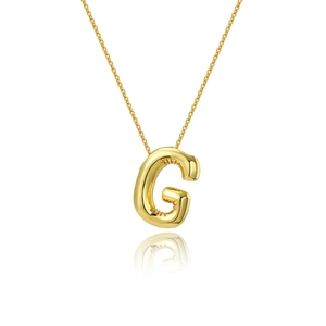 Macro view of 18K gold plated puffy letter G balloon pendant with elegant thin chain