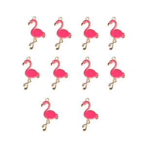 Flat lay of 10 pieces pink enamel flamingo charms with gold metal alloy for DIY jewelry
