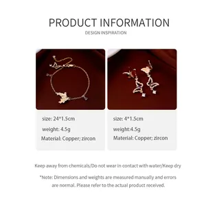 Size chart showing gold butterfly bracelet and drop earrings with zircon details
