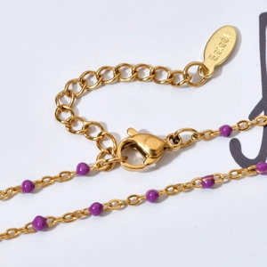 French vintage stainless steel gold chain bracelet with purple enamel beads
