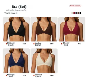 Detail showcasing deep V-neck seamless yoga sets in five breathable fabric colors