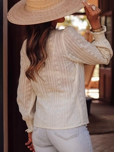 Bohemian off-white long sleeve lace blouse with hollow embroidery and smocked cuffs