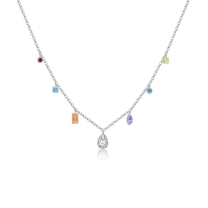 Elegant S925 sterling silver rainbow necklace with colorful pear and marquise cut zircons