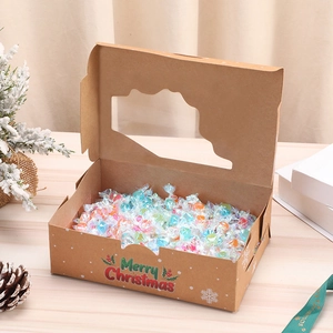 Brown kraft Christmas gift box with window, Merry Christmas print and colorful candies