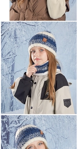 Kids winter knitted hat and neck warmer set with snowflake pattern and warm fleece lining