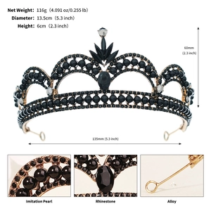 Detailed specs showing alloy crown with rhinestones, 13.5cm diameter and 6cm height