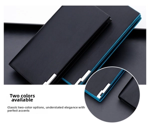 Détails de portefeuilles longs en noir et bleu avec textures horizontales fines