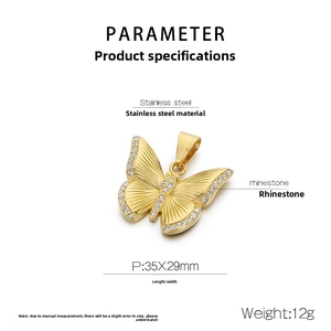 Detailed specs of the golden stainless steel butterfly pendant with rhinestone accents