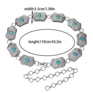 Detail view of Bohemian silver chain belt with turquoise stones and size measurements