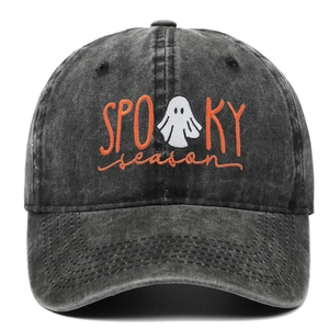 Vintage washed black baseball cap with Spooky Season ghost embroidery for Halloween