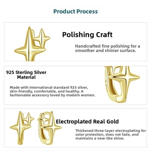 Detailed view of polished 925 sterling silver star earring with gold plating process