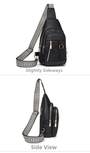Detail view of black lychee grain leather sling bag with geometric woven shoulder strap