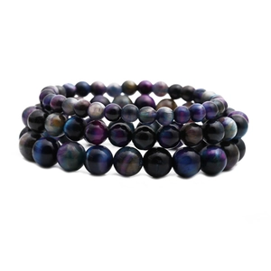 Three-layer stacked tiger eye stone beaded bracelets with deep blue and purple chatoyancy