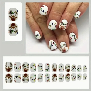Short square Christmas press-on nails featuring reindeer and colorful festive lights