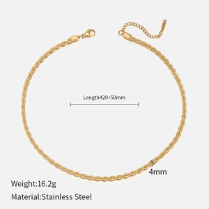 Detail of 4mm golden stainless steel rope chain with 420+50mm length and lobster clasp